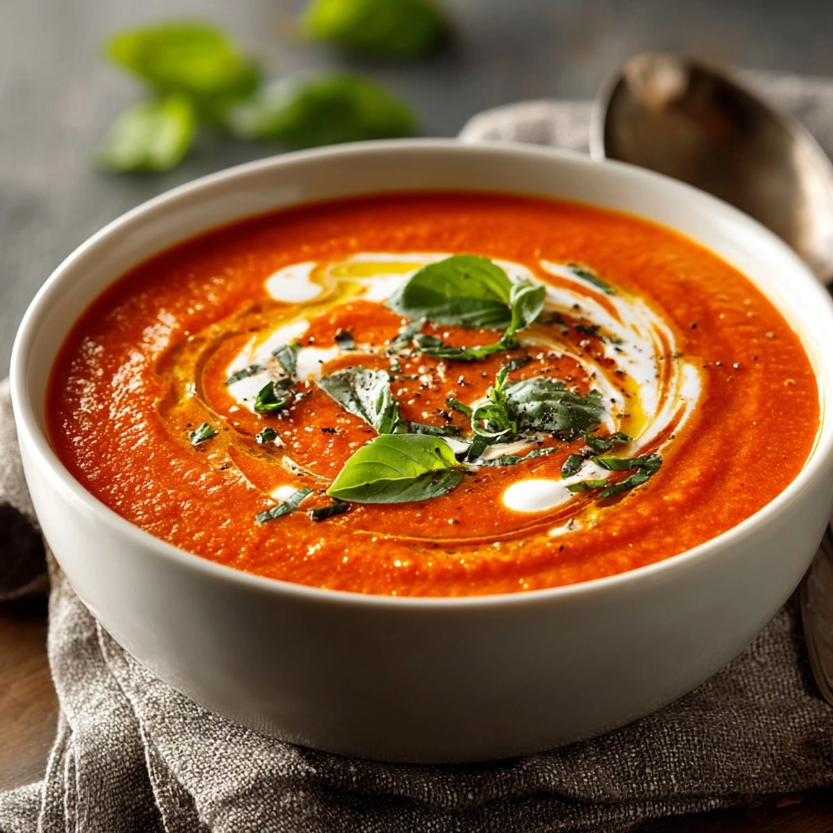 Creamy Tomato Basil Soup: A comforting bowl with fresh basil garnish steams gently upwards.