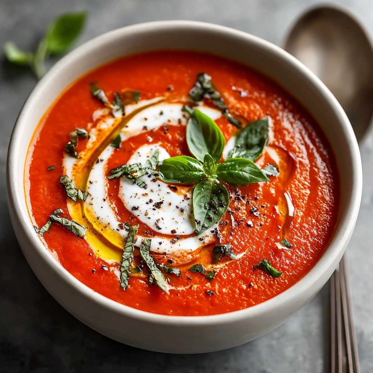 Creamy Tomato Basil Soup recipe: See the smooth texture and golden crouton topping!