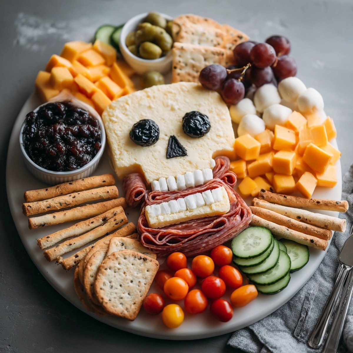 Festive Skeleton Charcuterie Meat & Cheese Board: salty meats, creamy cheeses, and crisp veggies.