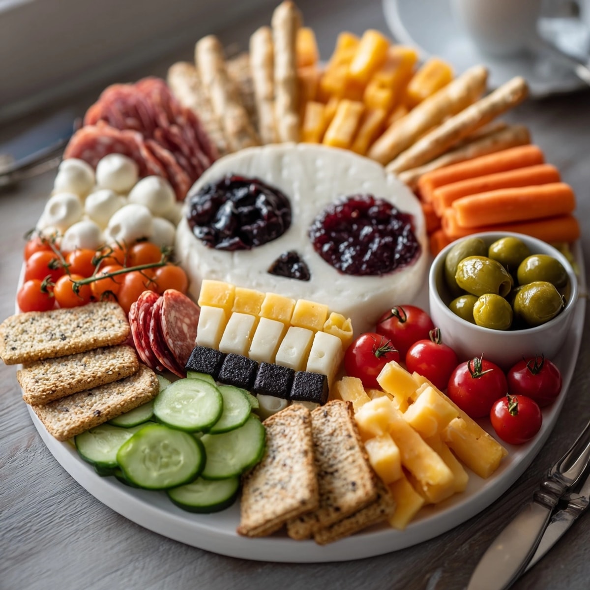 Eye-catching Skeleton Charcuterie Meat &amp; Cheese Board perfect appetizer: layers of flavors await.