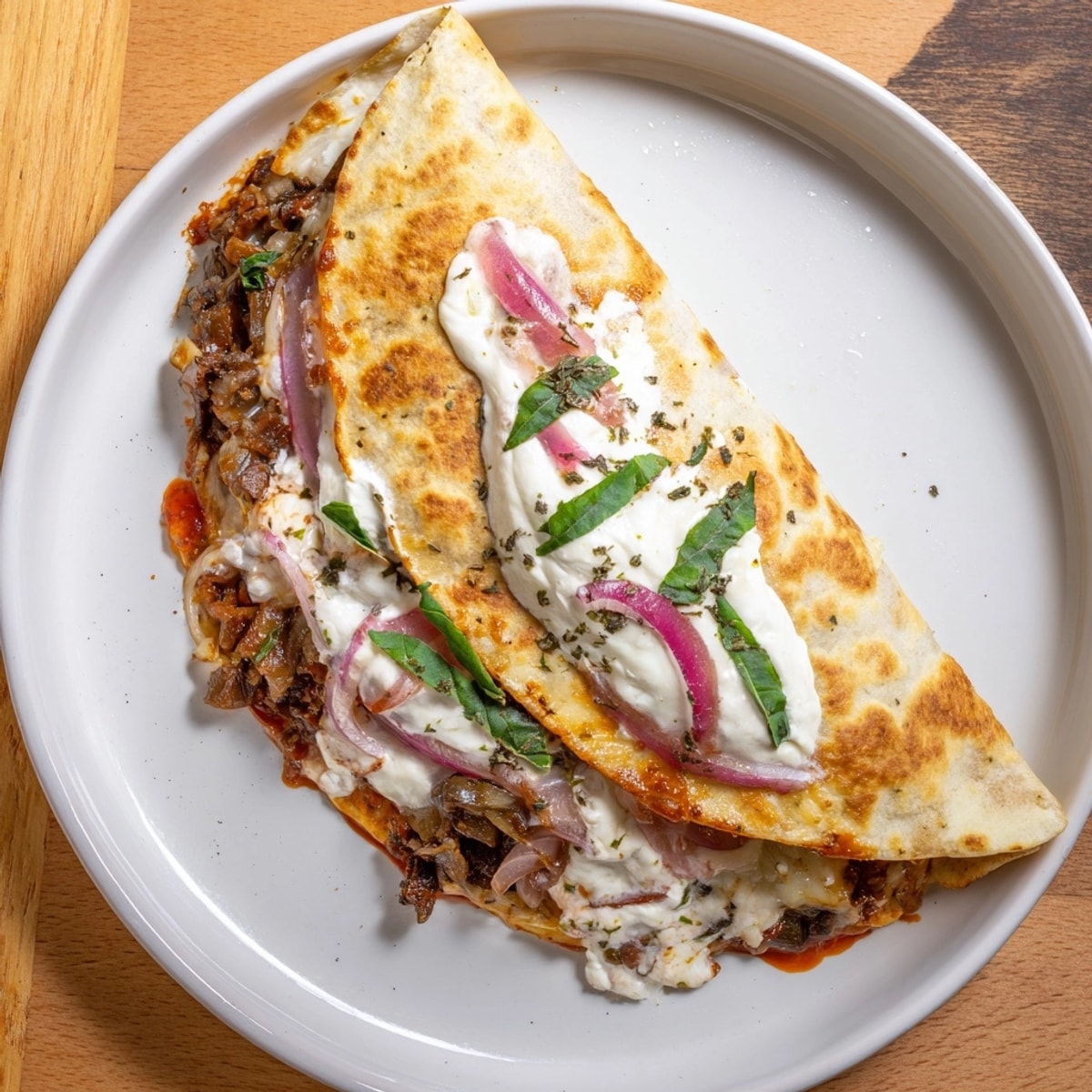 Imagine savory and comforting Cheesy Eggplant Parmesan Quesadillas on a rustic wooden board.