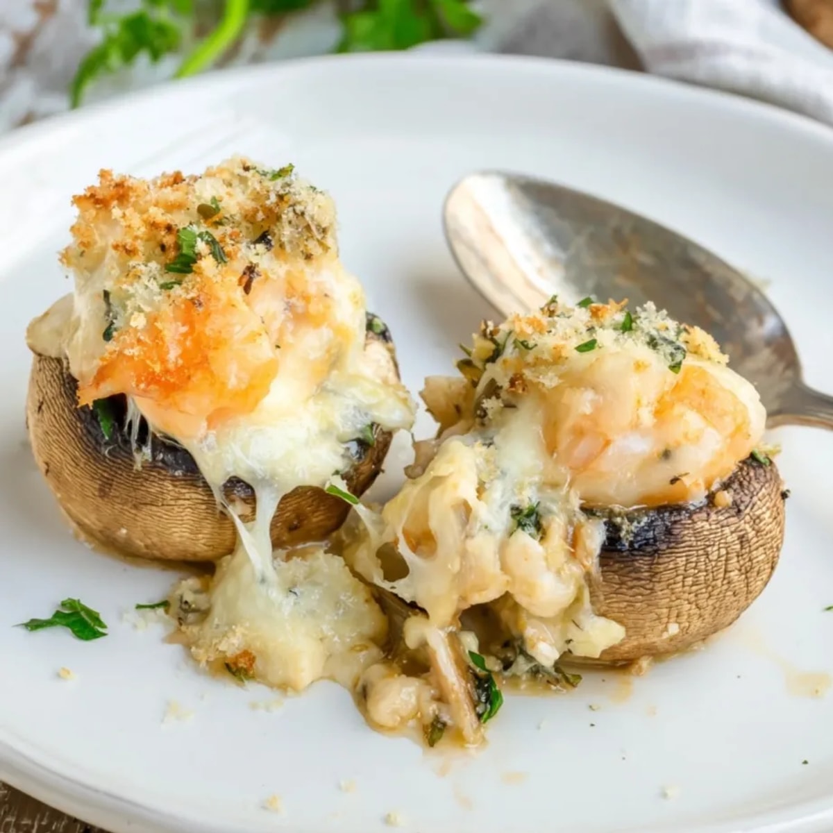 Golden Shrimp Alfredo Stuffed Mushrooms, baking in the oven, aroma of garlic and cheese.