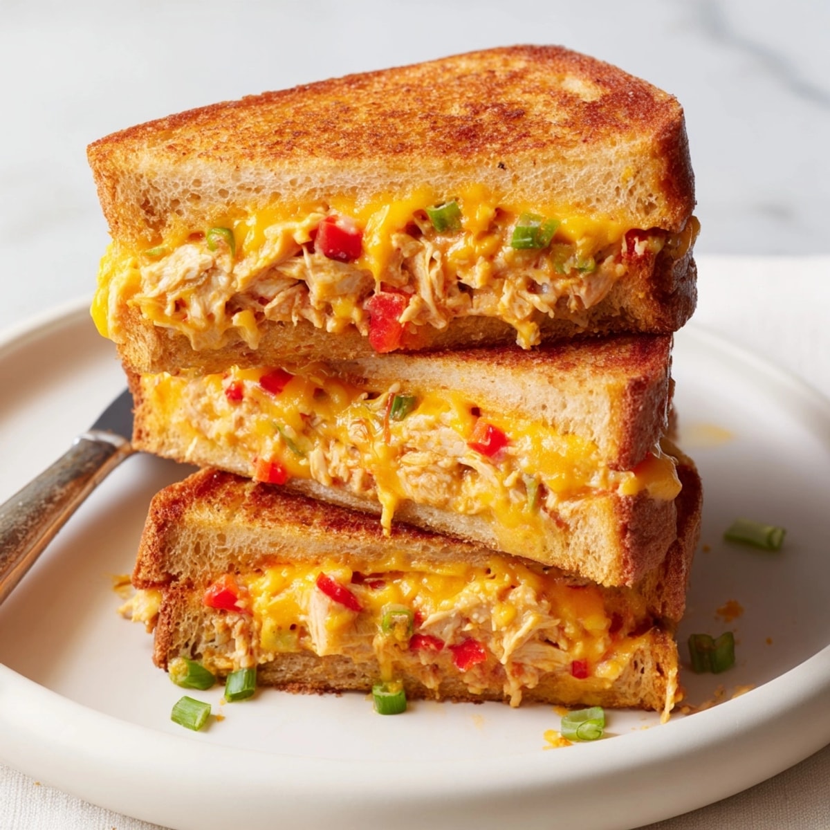 Close-up of a warm Cajun Turkey Cheddar Toastie, cut open to show cheesy filling.