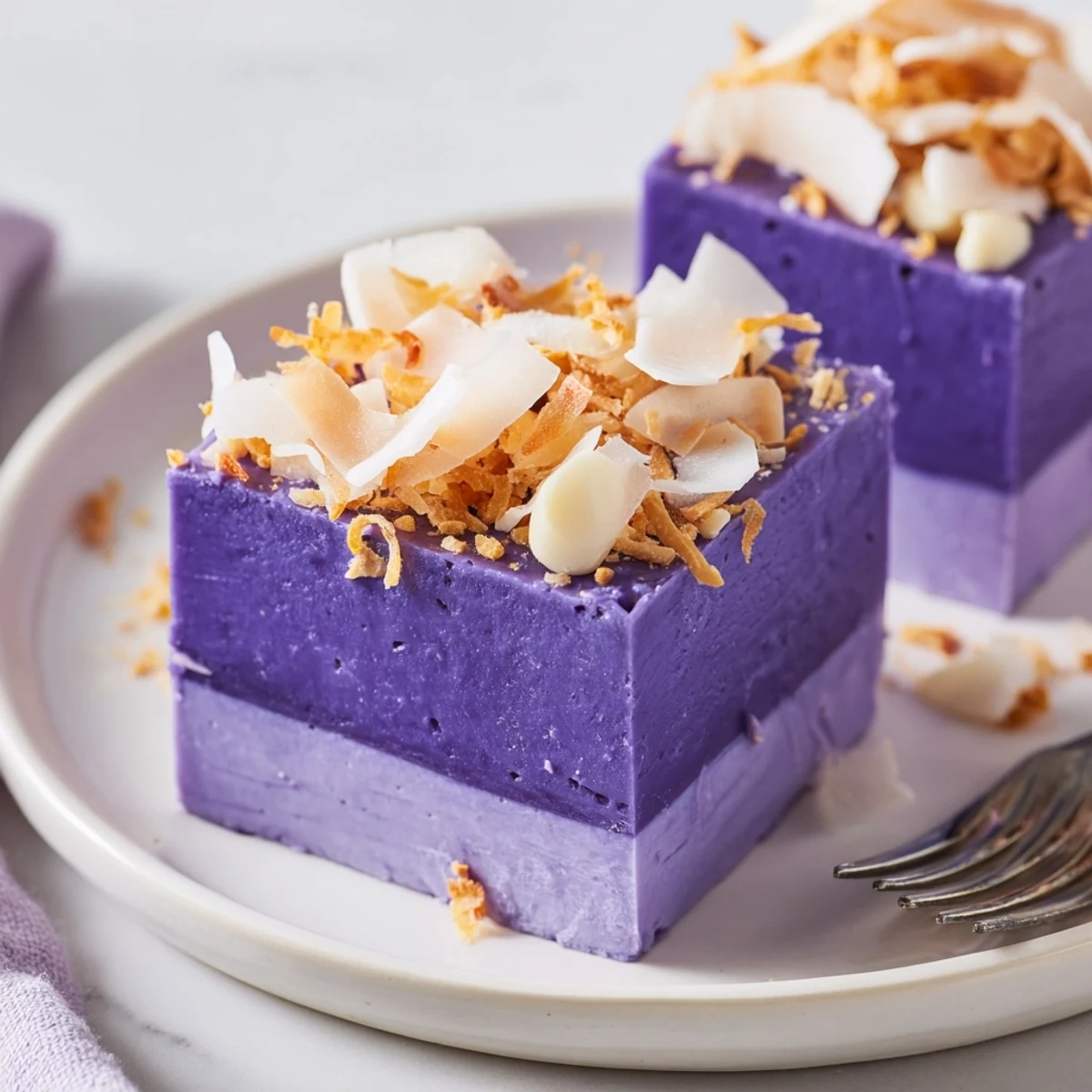Creamy ube fudge squares with coconut, ideal for colorful charcuterie board desserts.  