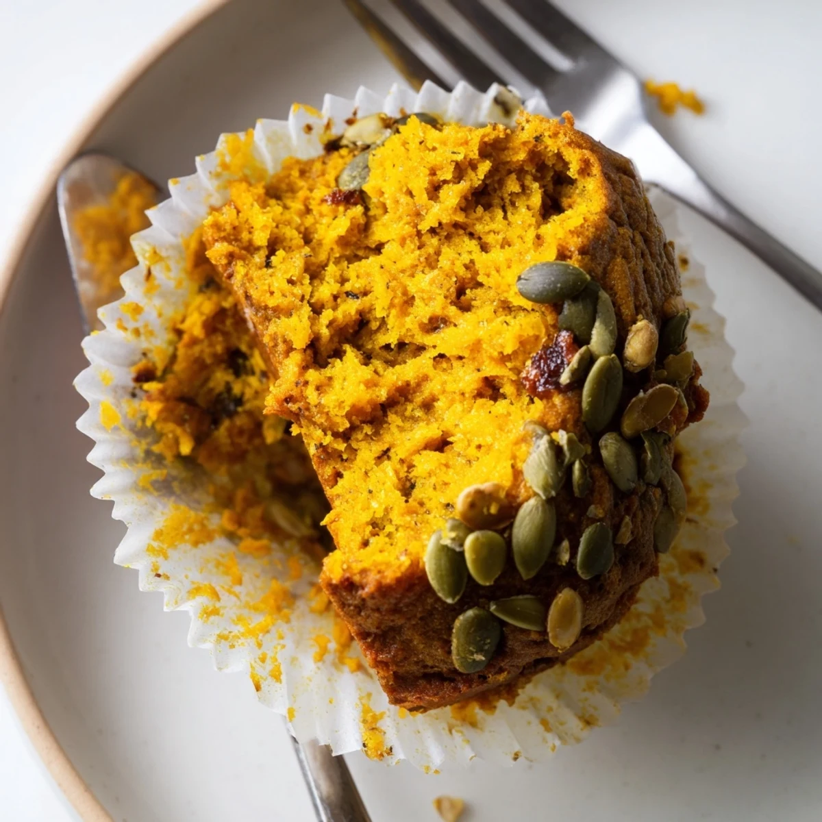 Moist Spicy Japanese Curry Pumpkin Muffins topped with pumpkin seeds and chili flakes.  
