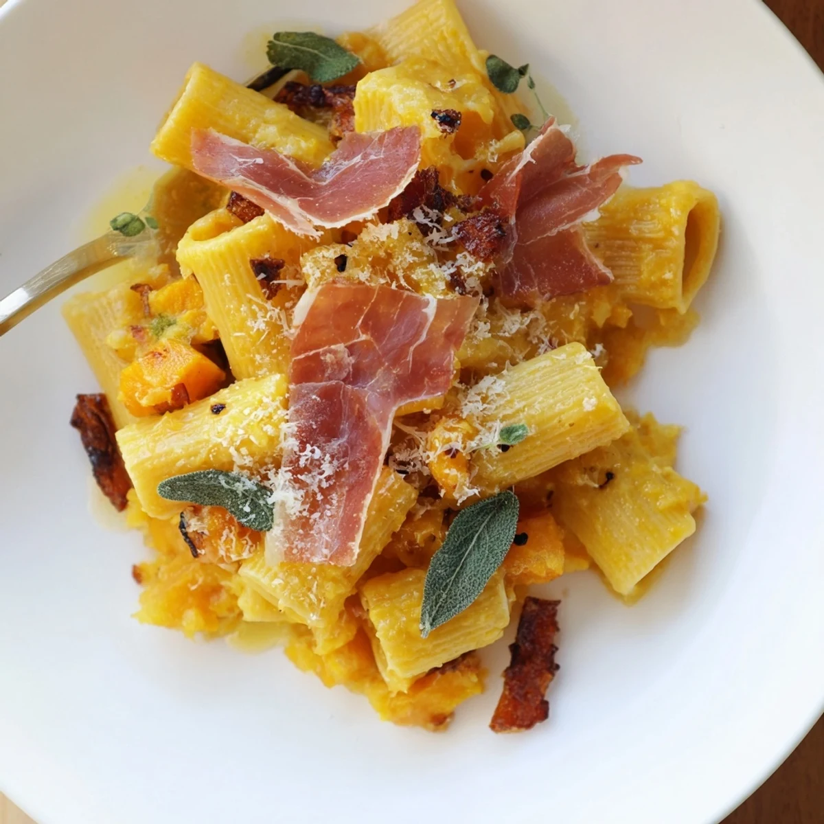 Savory roasted pumpkin pasta with crispy prosciutto, perfect for autumn feasts.  