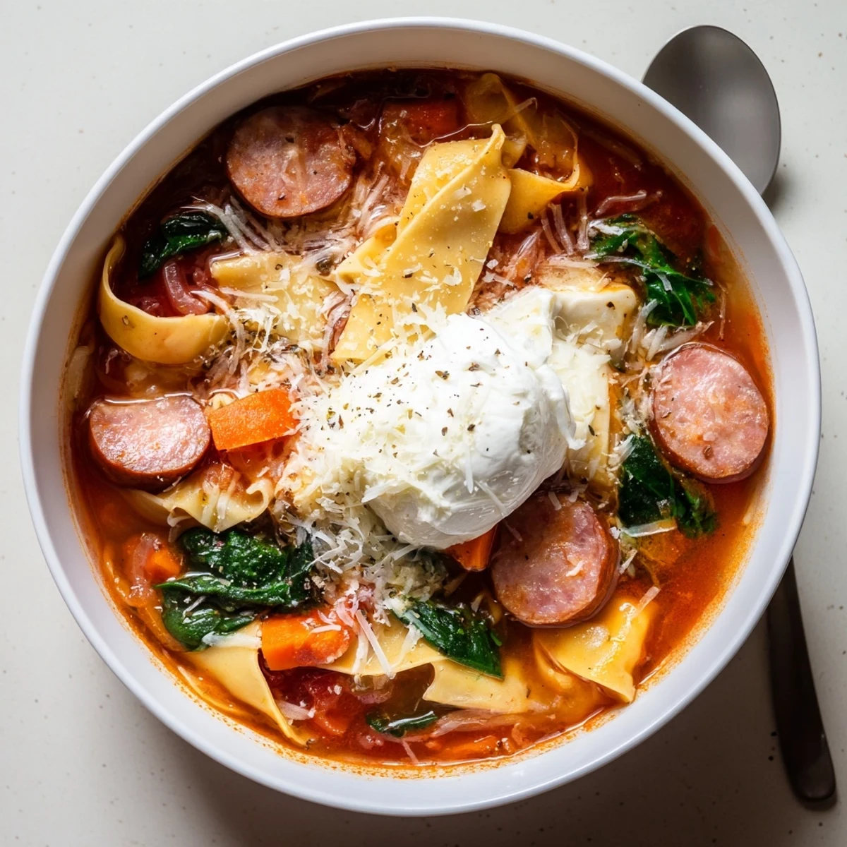 Bowl of comforting lasagne soup, featuring rich tomato broth and mozzarella cheese.  