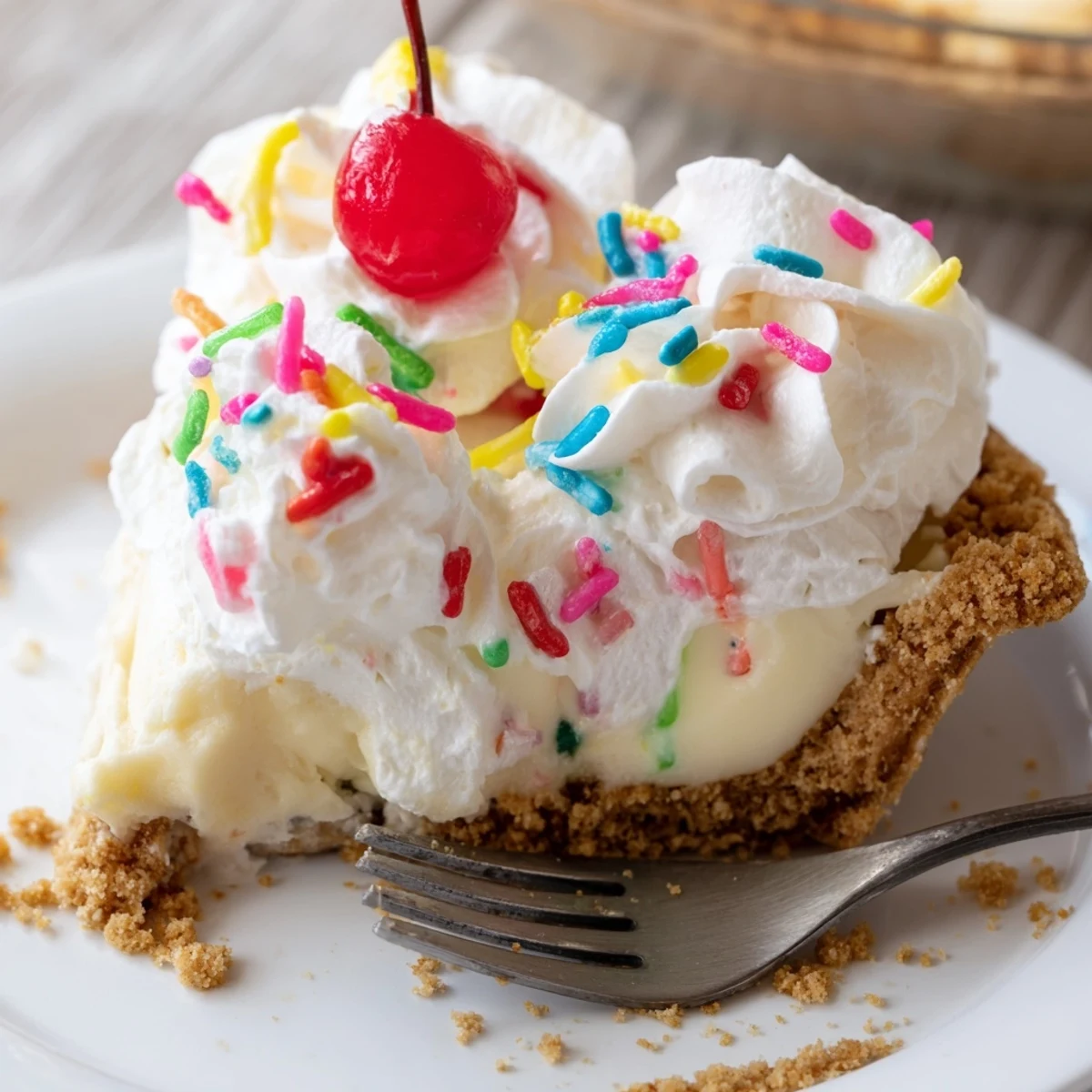 Creamy Monster Energy Soda Float Pie topped with whipped cream and colorful sprinkles.  