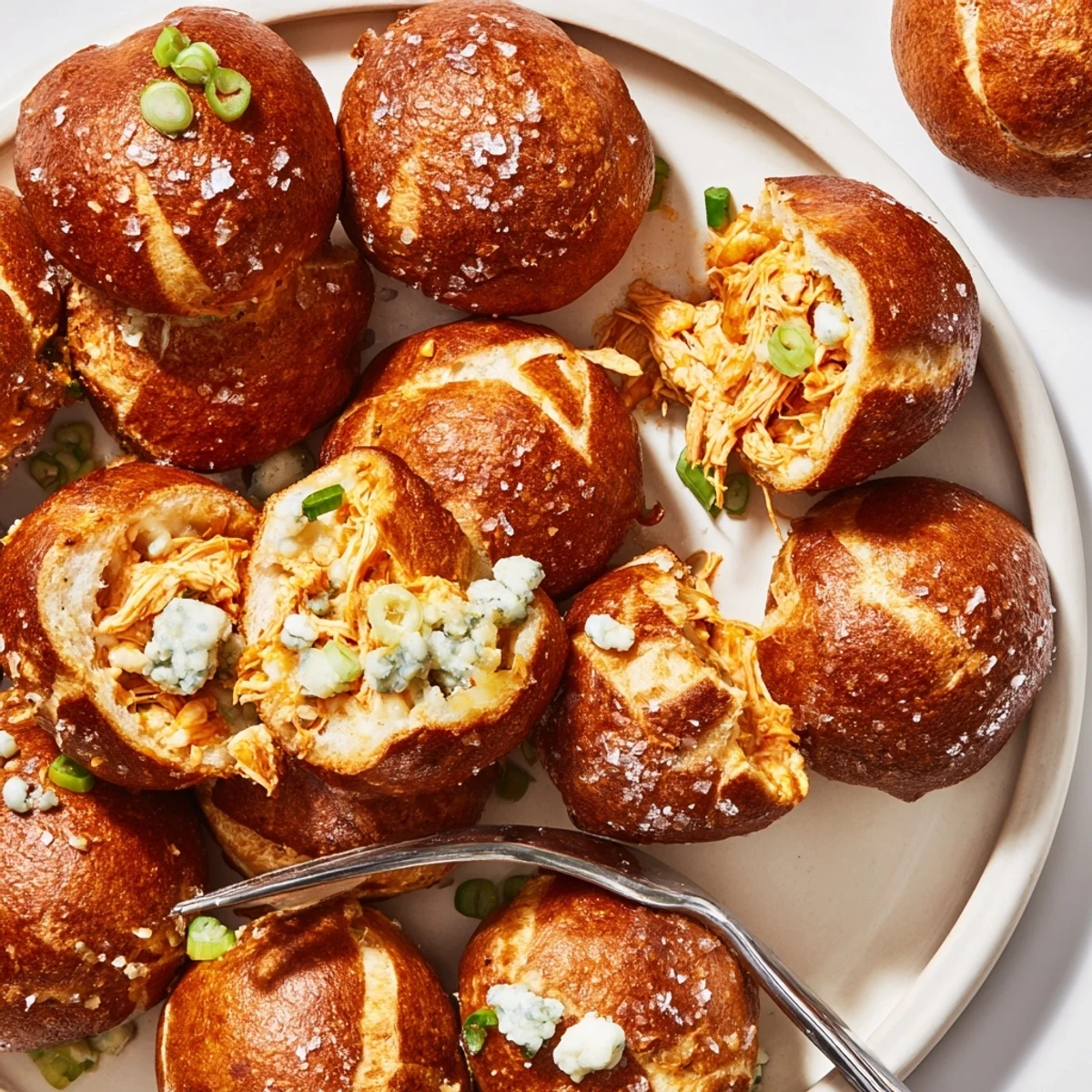 Crispy Chaos Buffalo Chicken Pretzel Balls drizzled with extra hot sauce and cheese.  