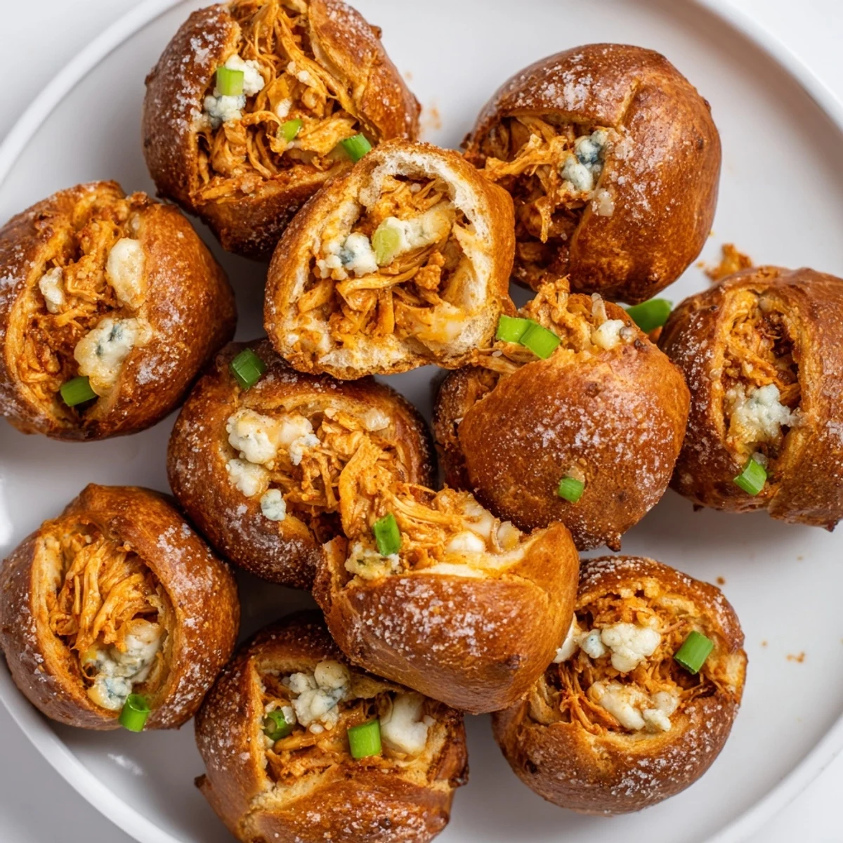 Golden pretzel balls bursting with spicy buffalo chicken and creamy cheese filling.  