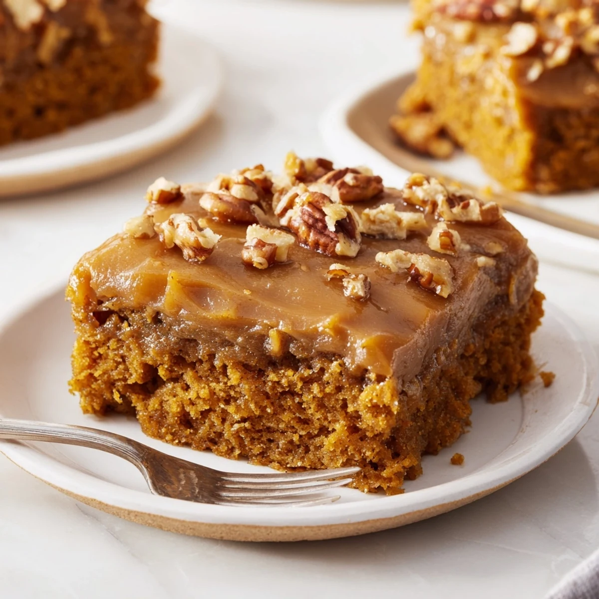 Autumn-inspired butterscotch pecan pumpkin sheet cake topped with rich, golden frosting.