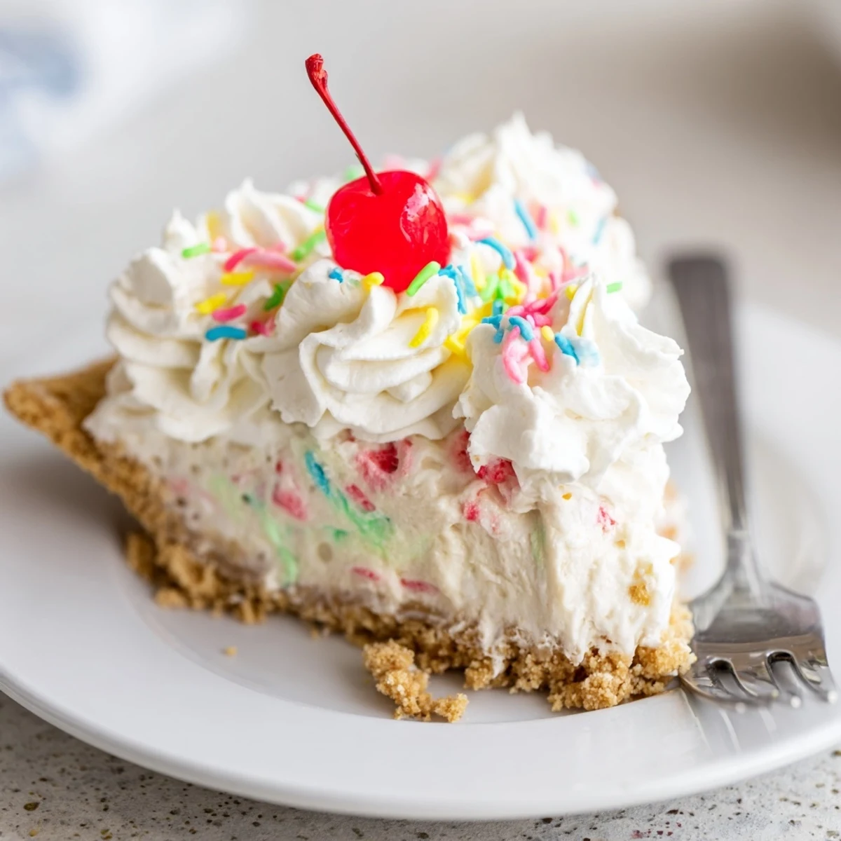Creamy Monster Energy Soda Float Pie topped with whipped cream and colorful sprinkles.  