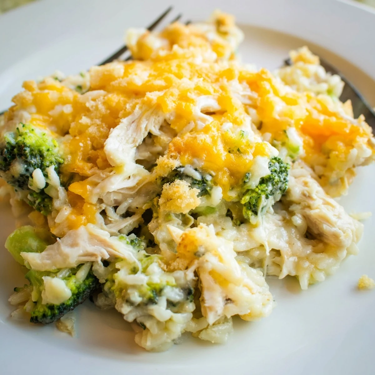 Creamy broccoli, rice, cheese, and chicken casserole fresh from the oven, steaming hot.  