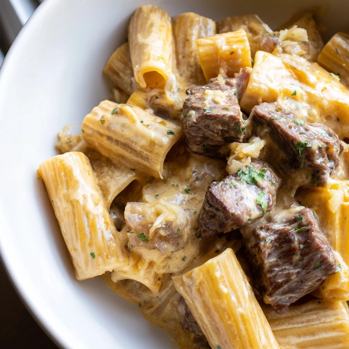Rich Garlic Butter Steak Parmesan Rigatoni topped with fresh parsley, perfect for dinner.  