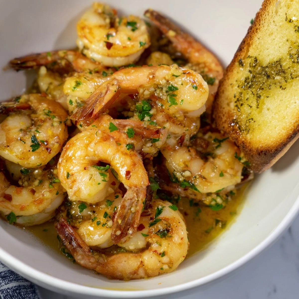 Succulent shrimp scampi bowls served with golden, crusty garlic bread for dipping.  