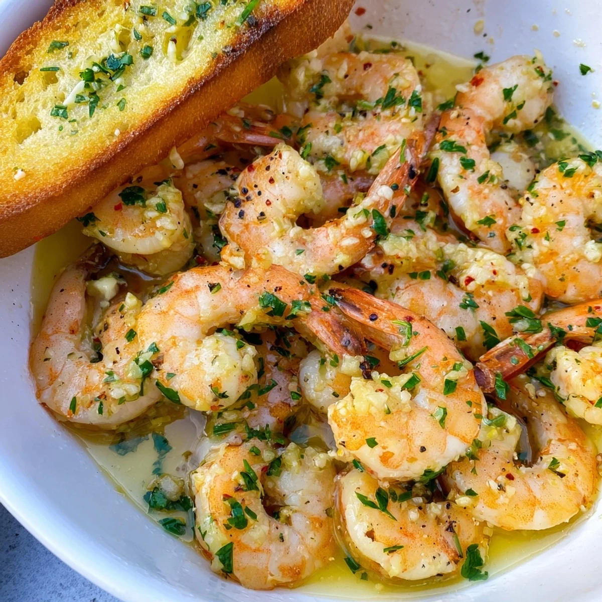 Mouthwatering shrimp scampi bowls drizzled in buttery sauce, paired with garlic bread.  