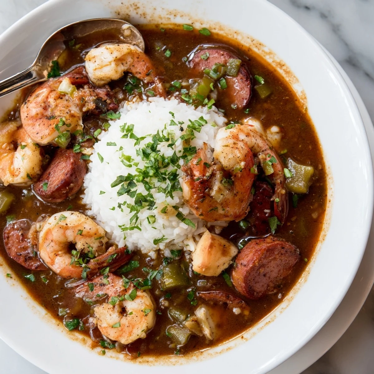 Aromatic Louisiana Seafood Gumbo brimming with shrimp, crab, and andouille sausage for robust flavor.  