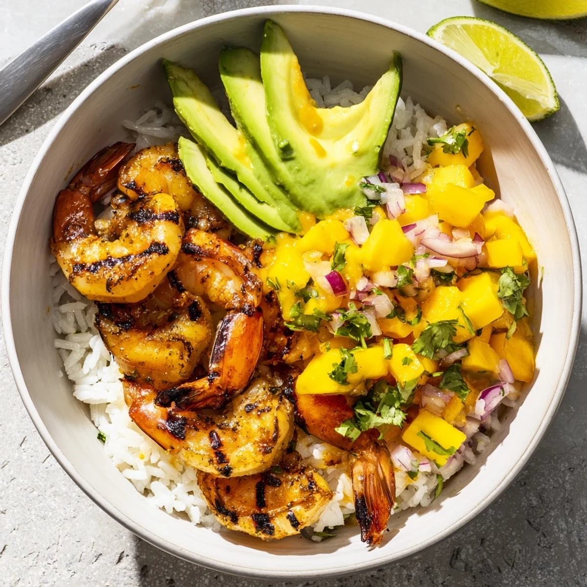 Colorful Shrimp and Avocado Bowls topped with zesty mango salsa and lime-chili sauce.