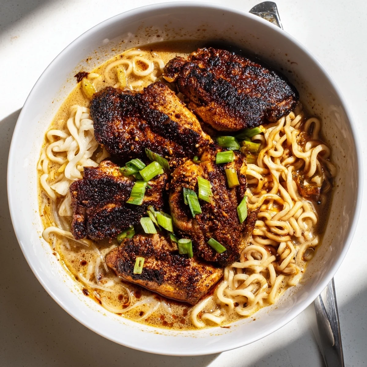 Close-up of spicy chicken ramen with a rich, creamy garlic sauce drizzle.  