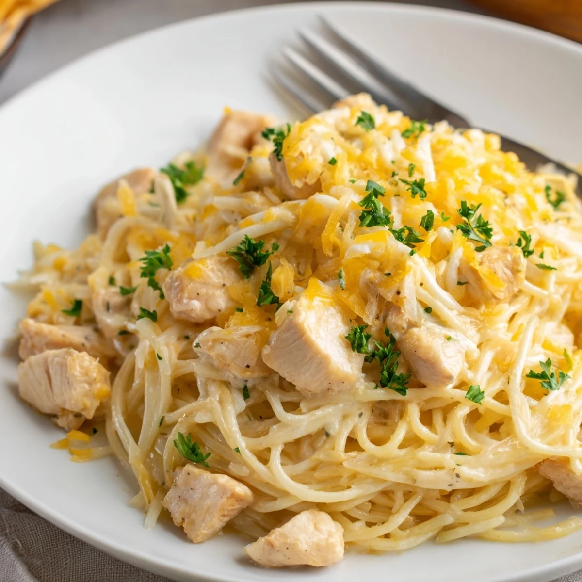 Creamy Monterey Chicken Spaghetti with melted cheese and parsley, perfect for family dinners.  