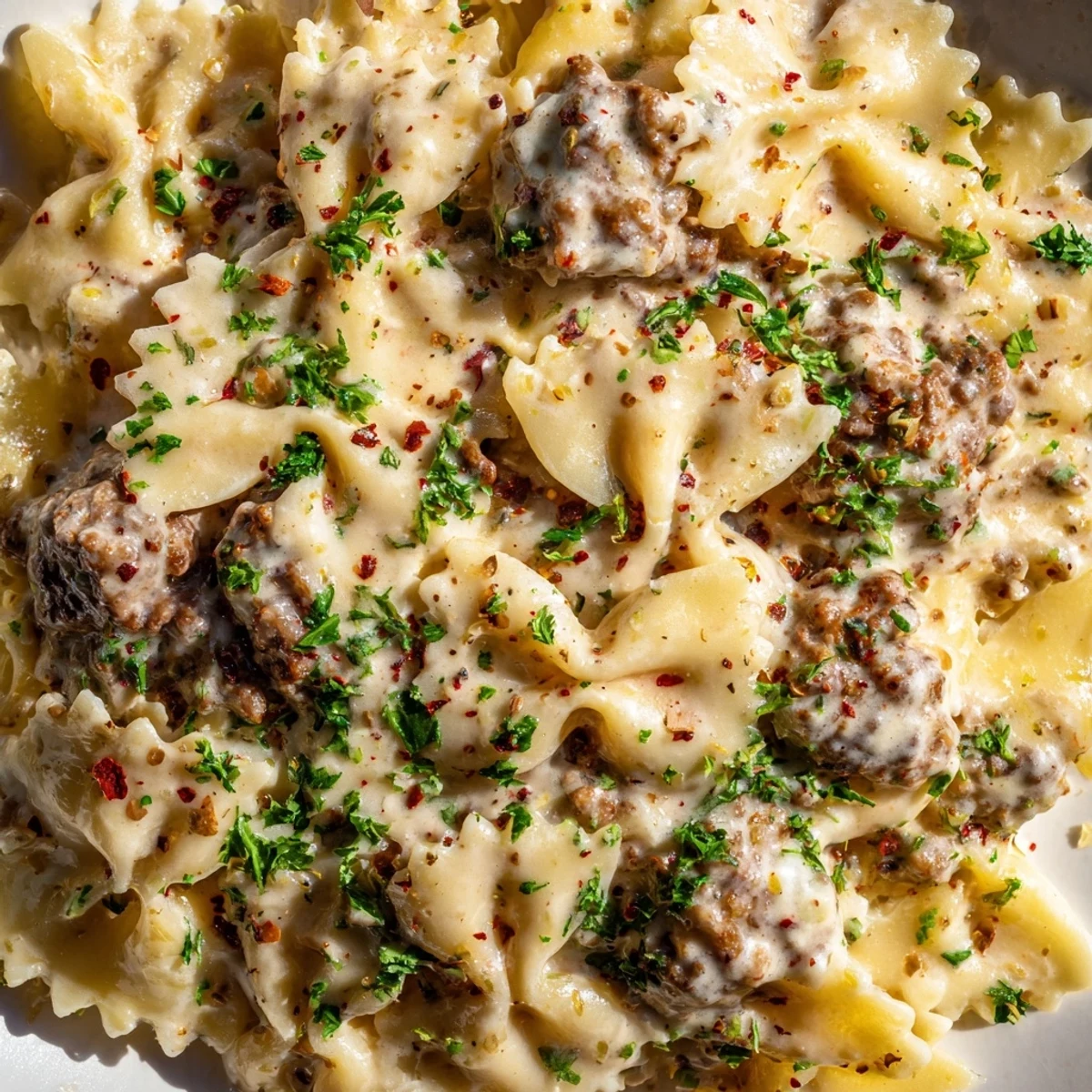 Hearty Beef and Bowtie Pasta with Alfredo Sauce garnished with fresh parsley.  