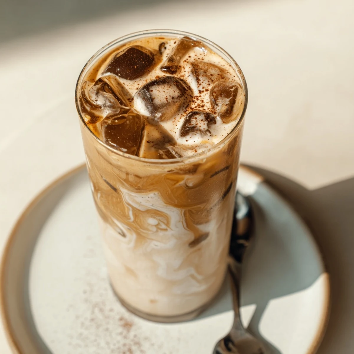Creamy tahini iced coffee topped with plant milk and ice for refreshment.  