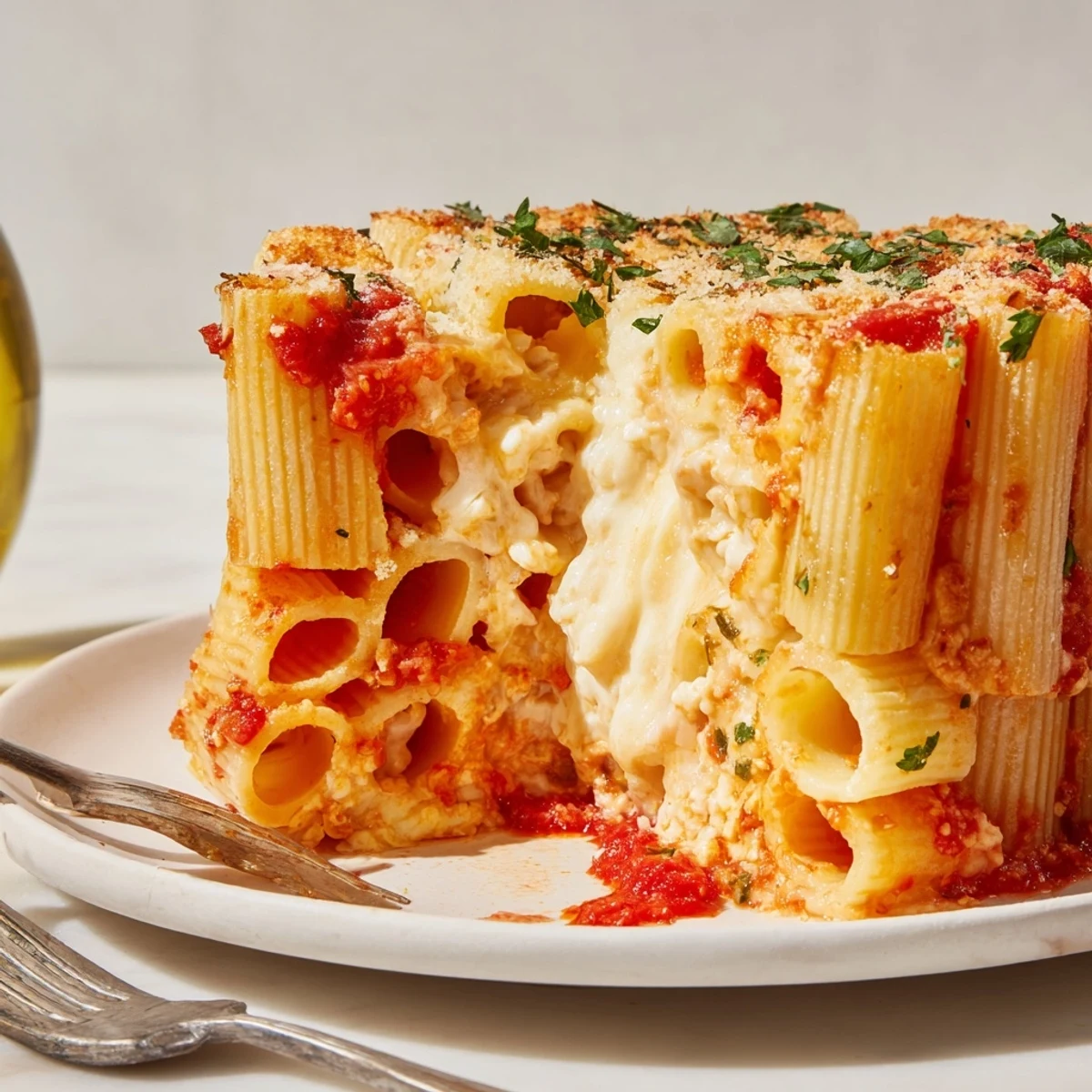 Elegant Honeycomb Pasta Cake, a colorful blend of pasta, cheese, and savory sauce.