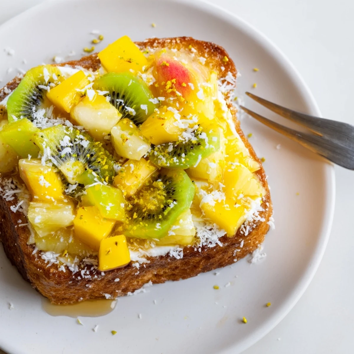 Vibrant Yogurt-Custard Toast topped with tropical fruits for a delightful brunch.  