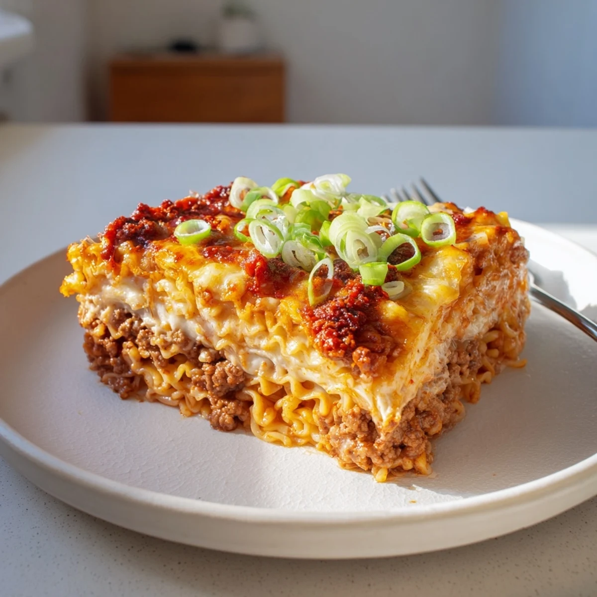 Spicy Ramen Lasagna layered with rich cheese, savory pork, and zesty tomatoes.  