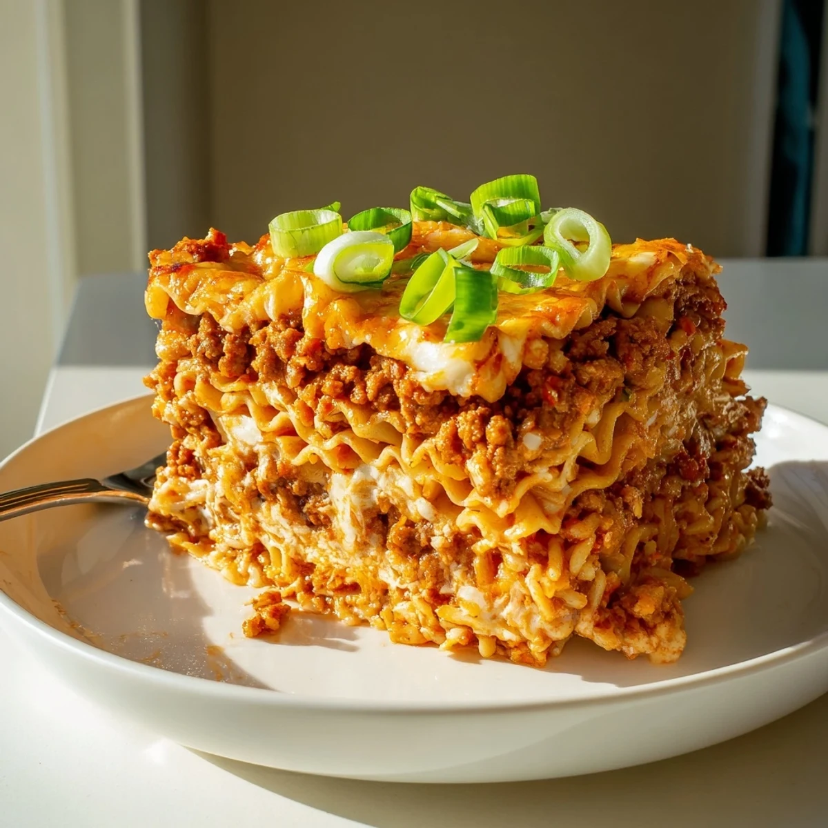 Hearty Spicy Ramen Lasagna garnished with green onions, perfect for dinner gatherings.