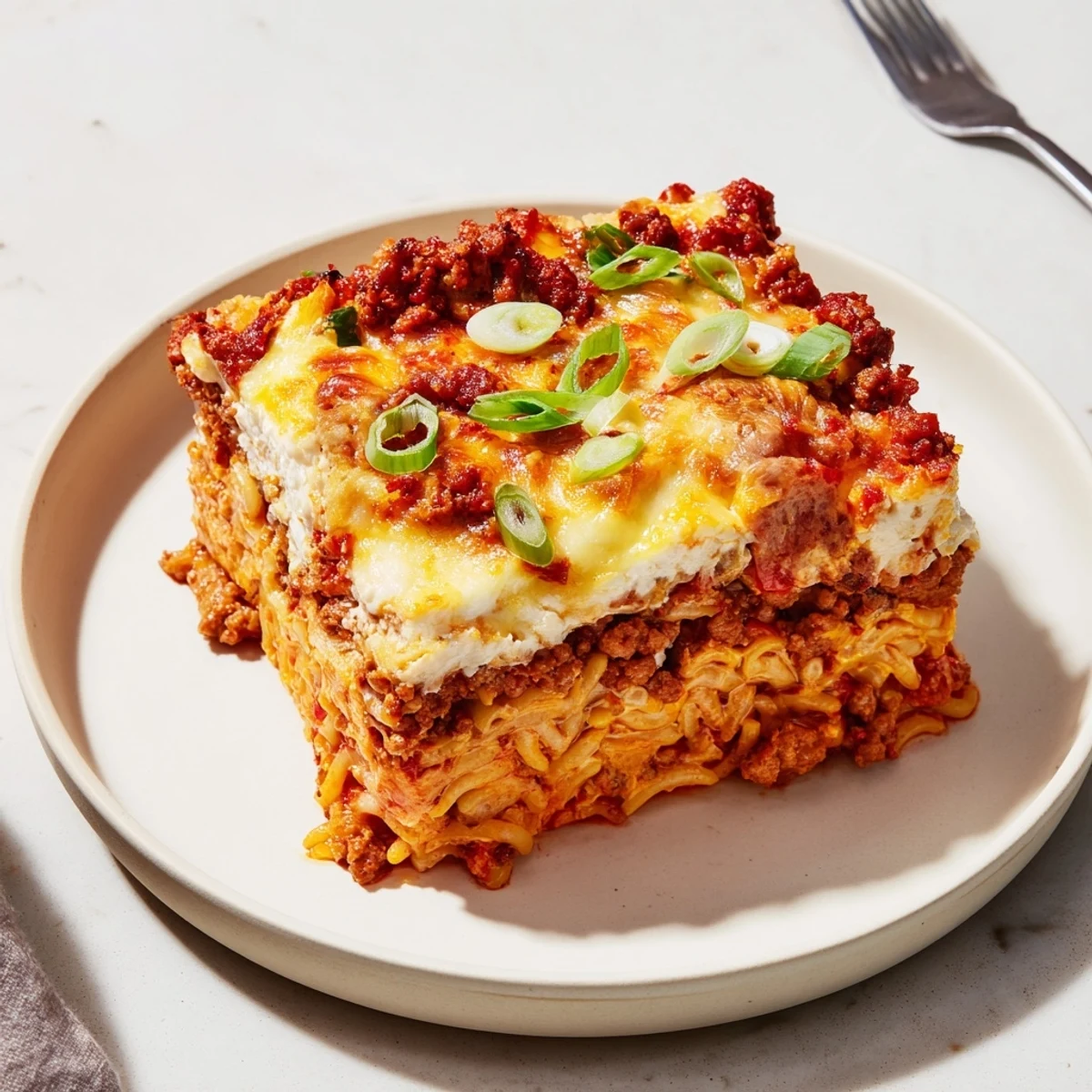 Comforting Spicy Ramen Lasagna topped with melted cheese, bursting with bold flavors.  