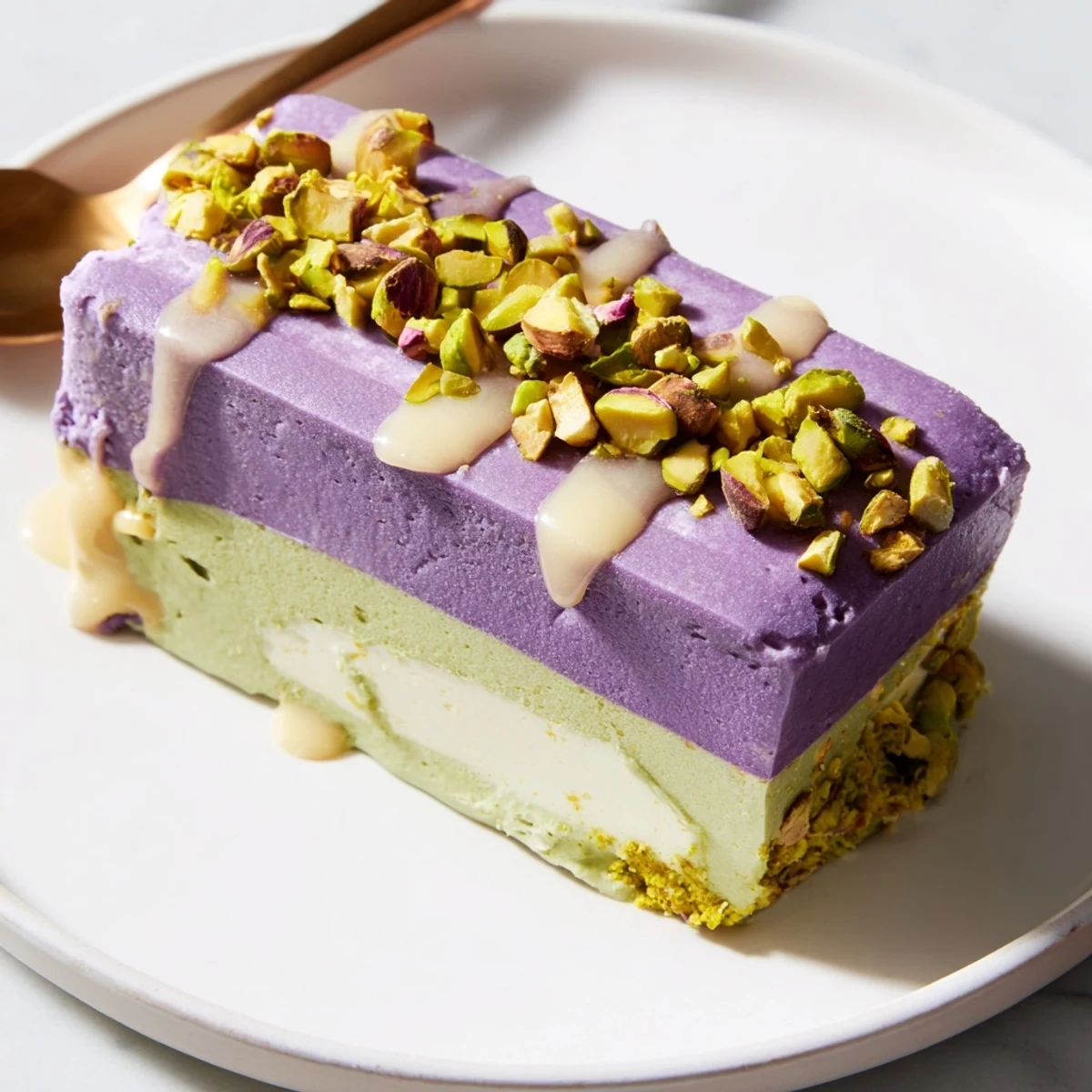 Creamy ube and pistachio ice cream bars drizzled with condensed milk, ready to enjoy.  