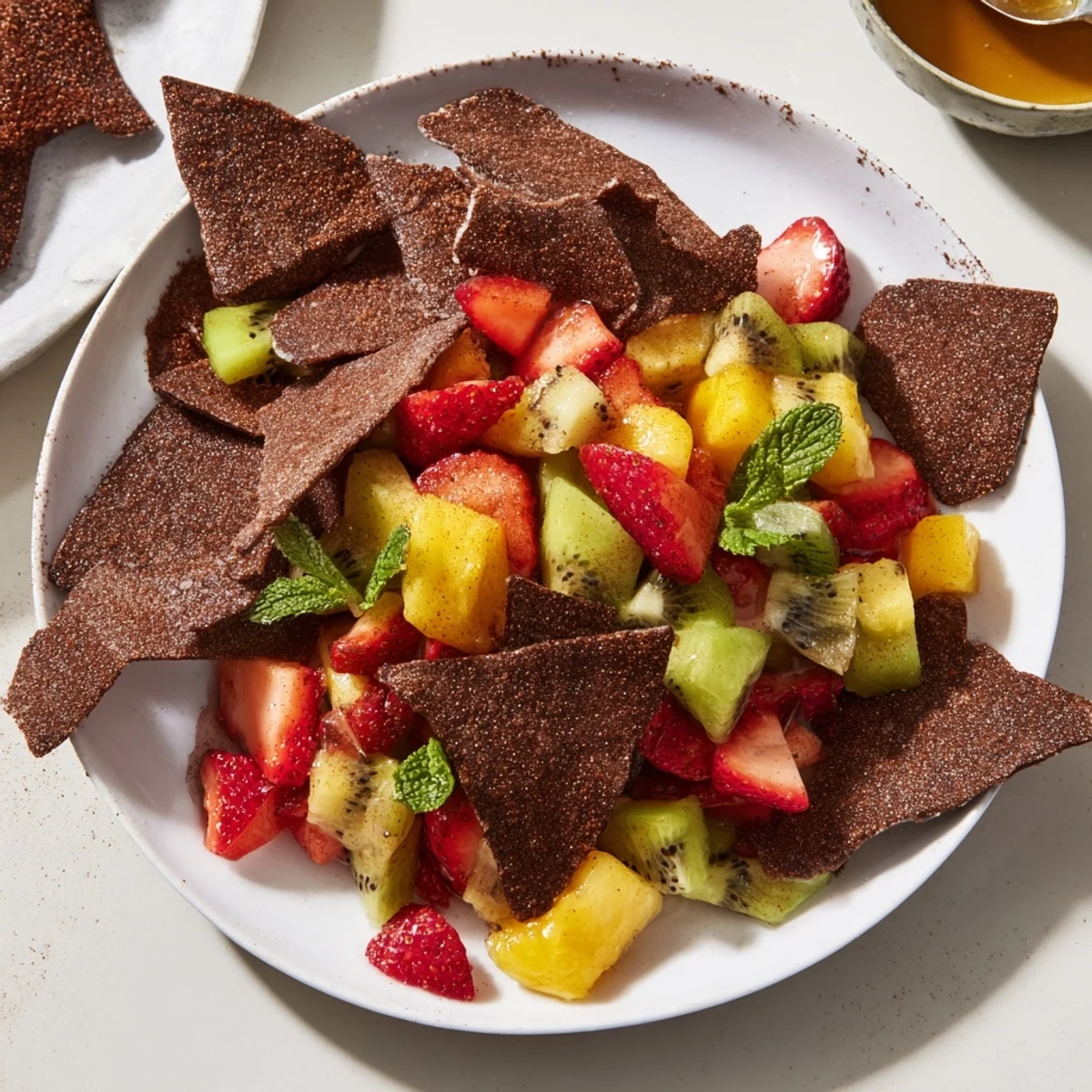 Crispy Dessert Chips & Salsa with fresh fruit, perfect for party snacking.  