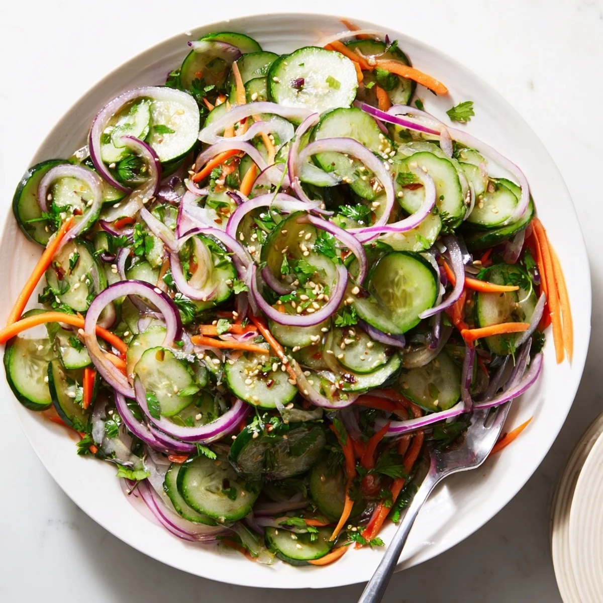 Crisp cucumber salad remix with savory fish sauce, perfect as a light side dish.