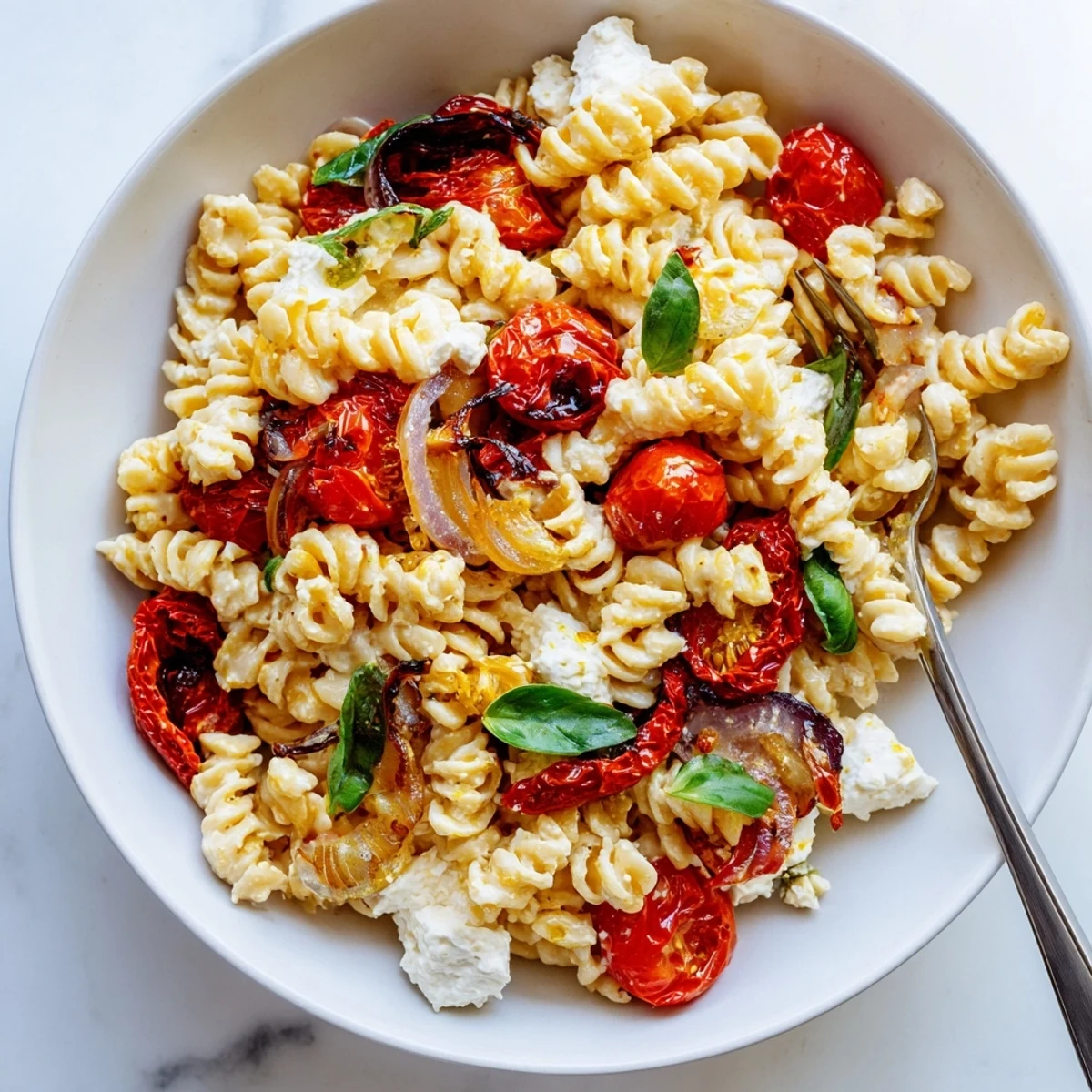 Creamy baked feta pasta with caramelized onions and sun-dried tomatoes for dinner.  