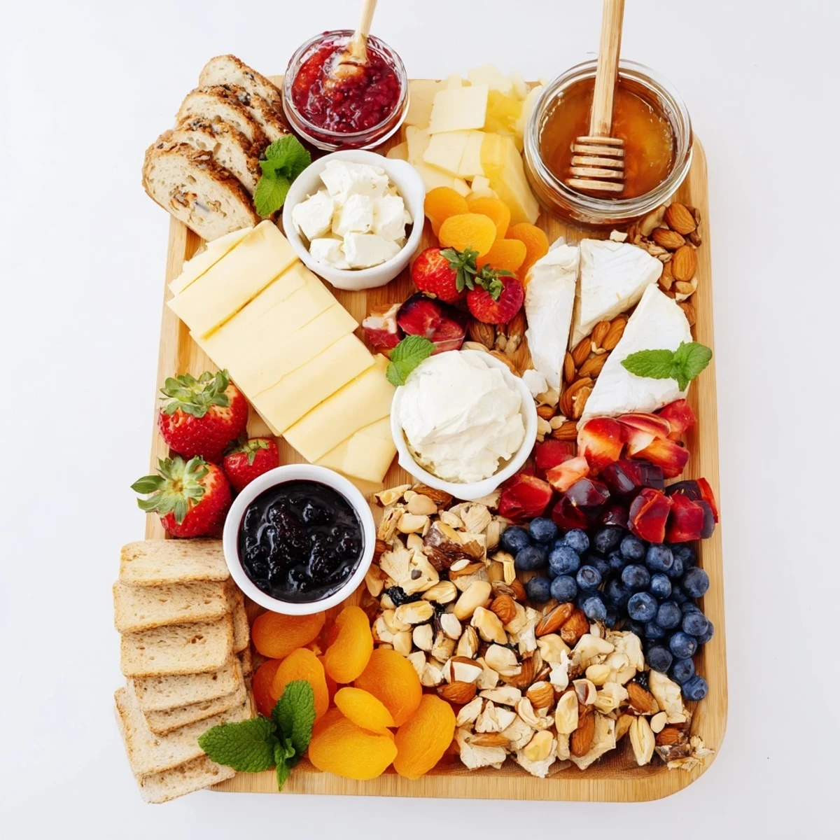 Vibrant jam-infused brunch board showcasing assorted jams, fresh fruits, and gourmet cheeses.  