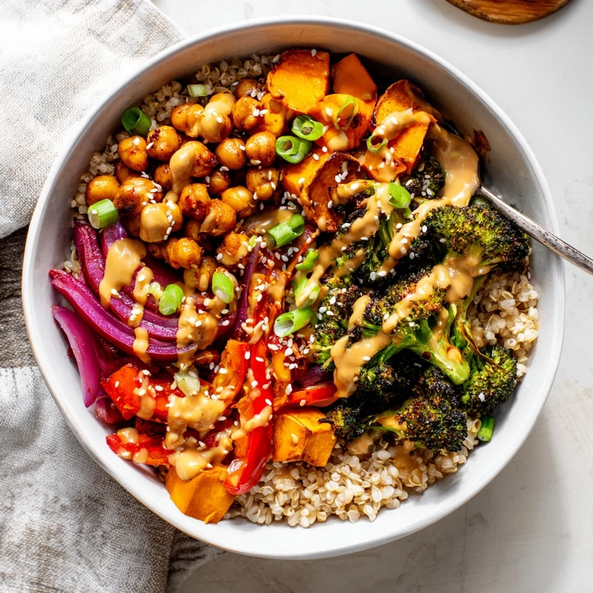 Vibrant Bold Sauce Drizzle Bowls topped with roasted vegetables and flavorful sauces.  