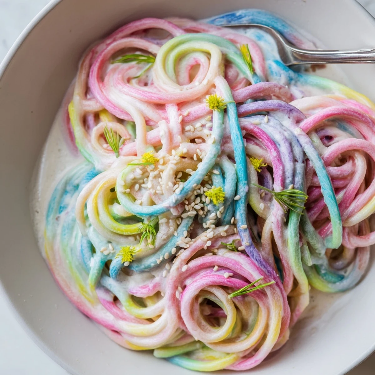 Delightful Neon Noodle Cloud with edible flowers, a fun fusion meal for all ages.