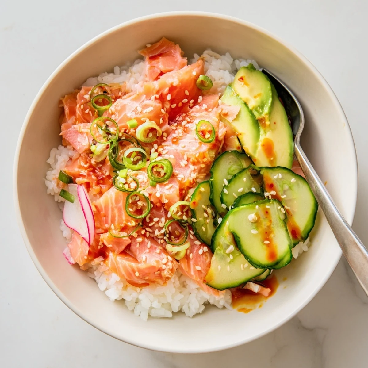 Microwave salmon and rice bowl garnished with avocado, ginger, and sesame seeds.  