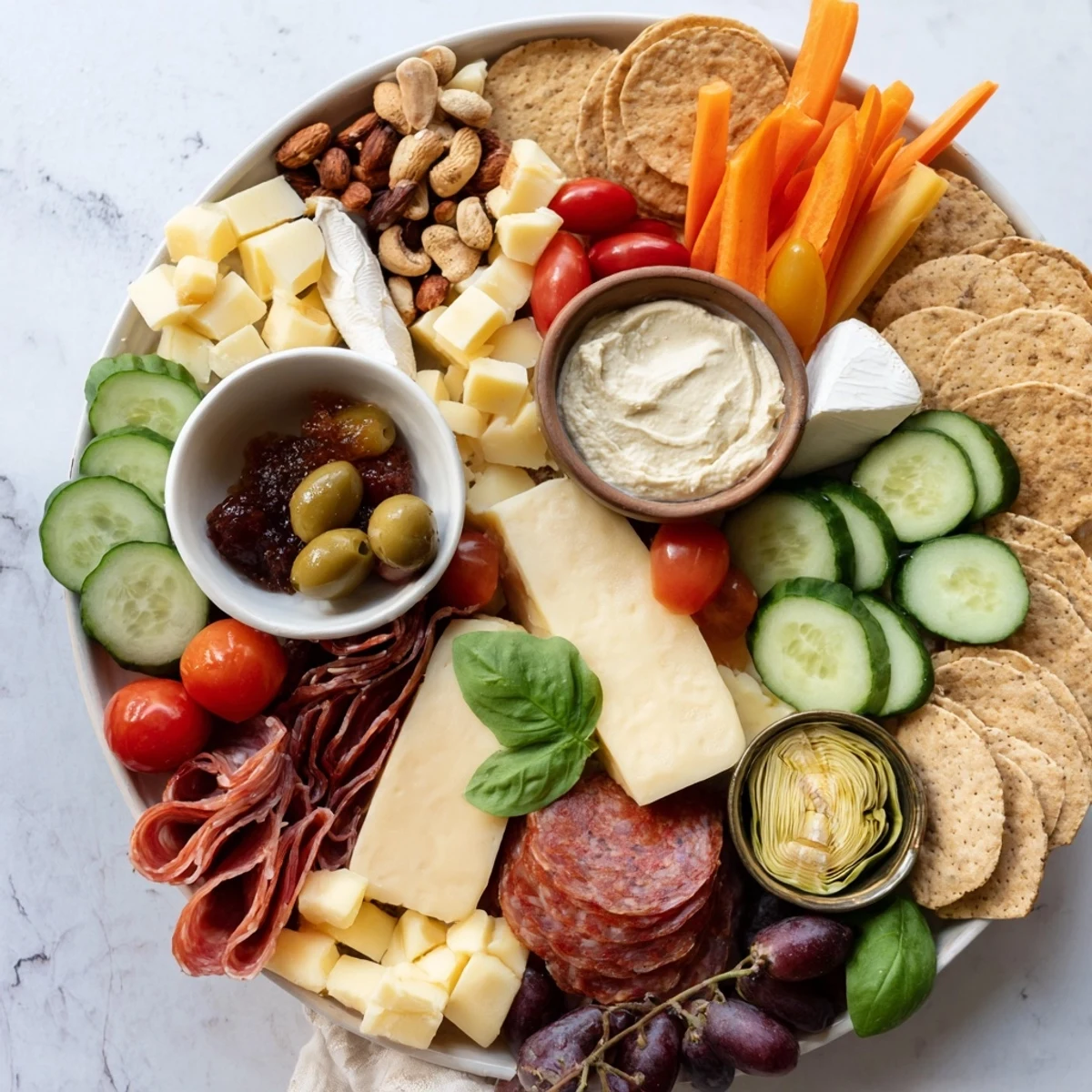 A colorful Girl Dinner Platter filled with cheeses, fruits, and savory dips.  