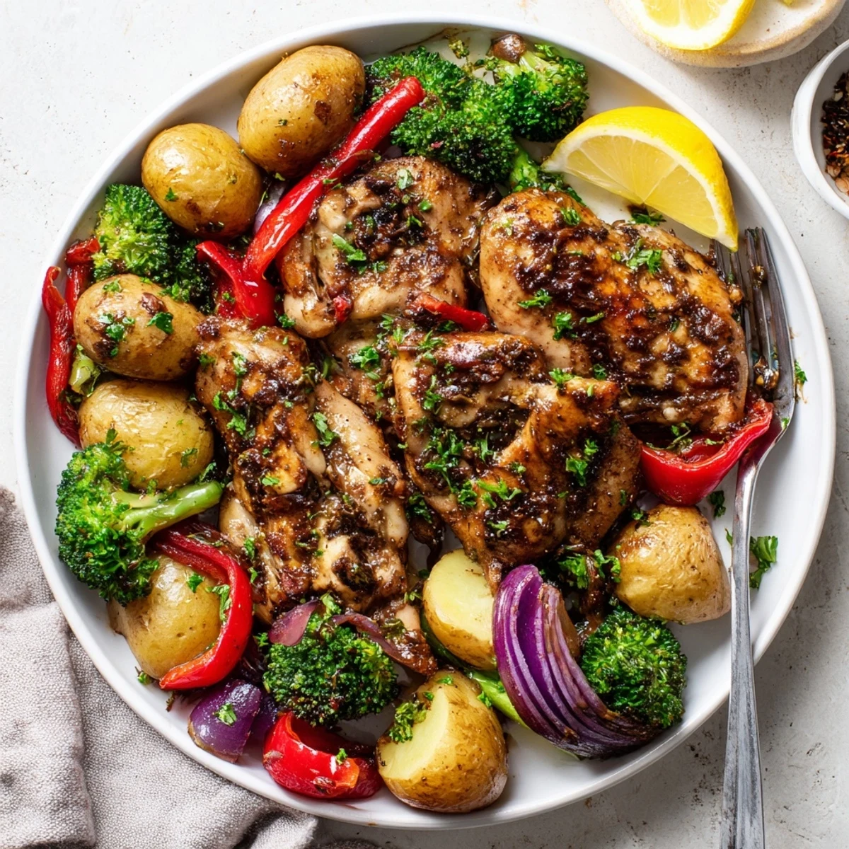 Aromatic Lazy Gourmet Chicken & Vegetable One-Pot featuring tender chicken and baby potatoes.