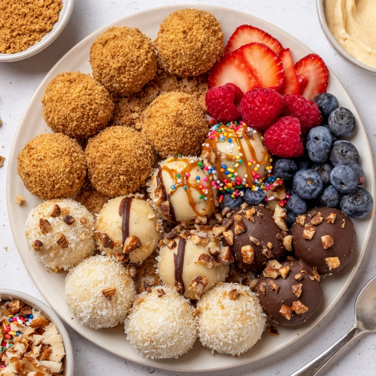 Delightful Deconstructed Dessert Board featuring creamy cheesecake bites and colorful toppings.  