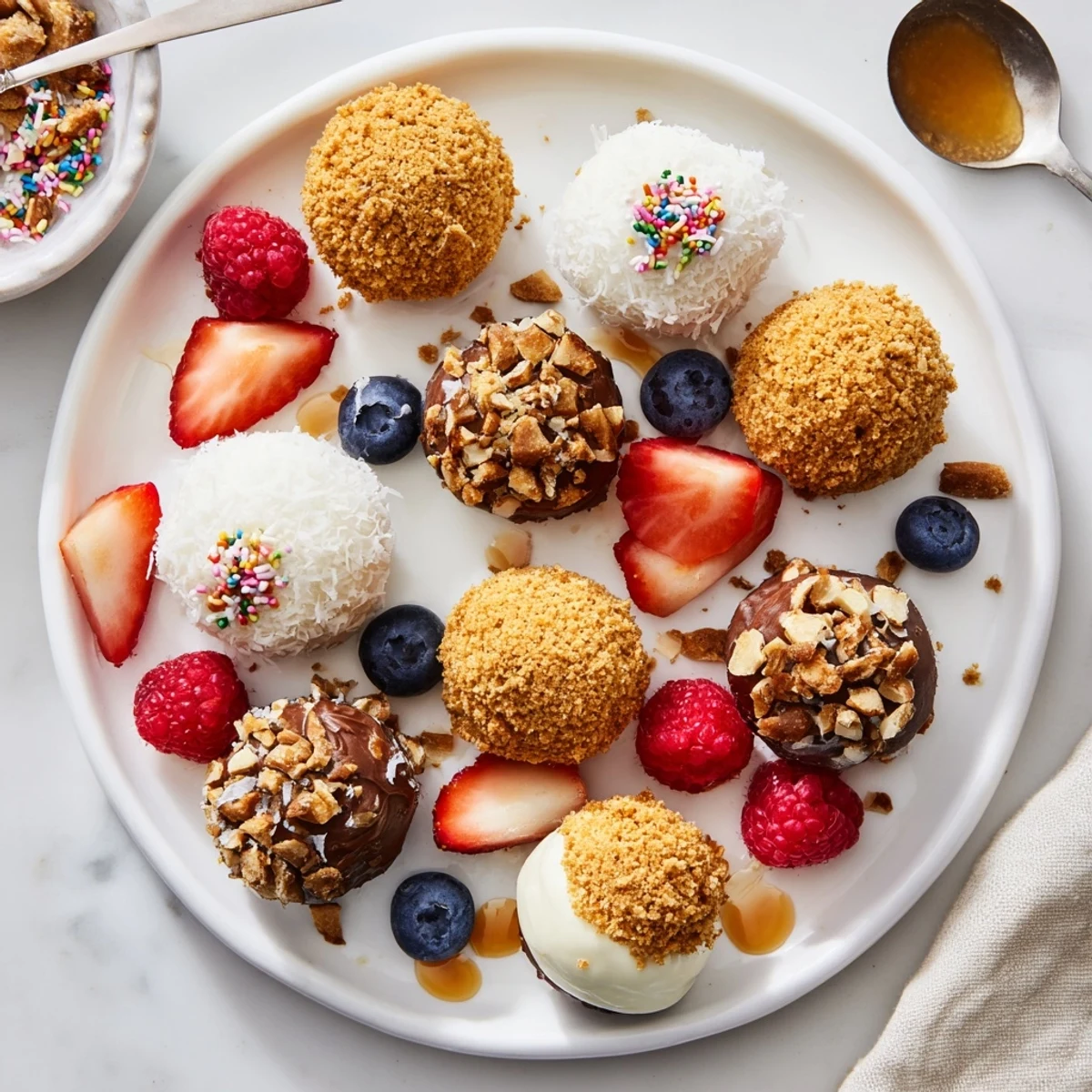 Tempting cheesecake bites on a wooden board, surrounded by fresh fruit and toppings.  