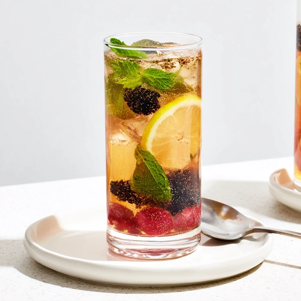 Refreshing kombucha-style home-brew mocktails with vibrant berries and mint garnish.  