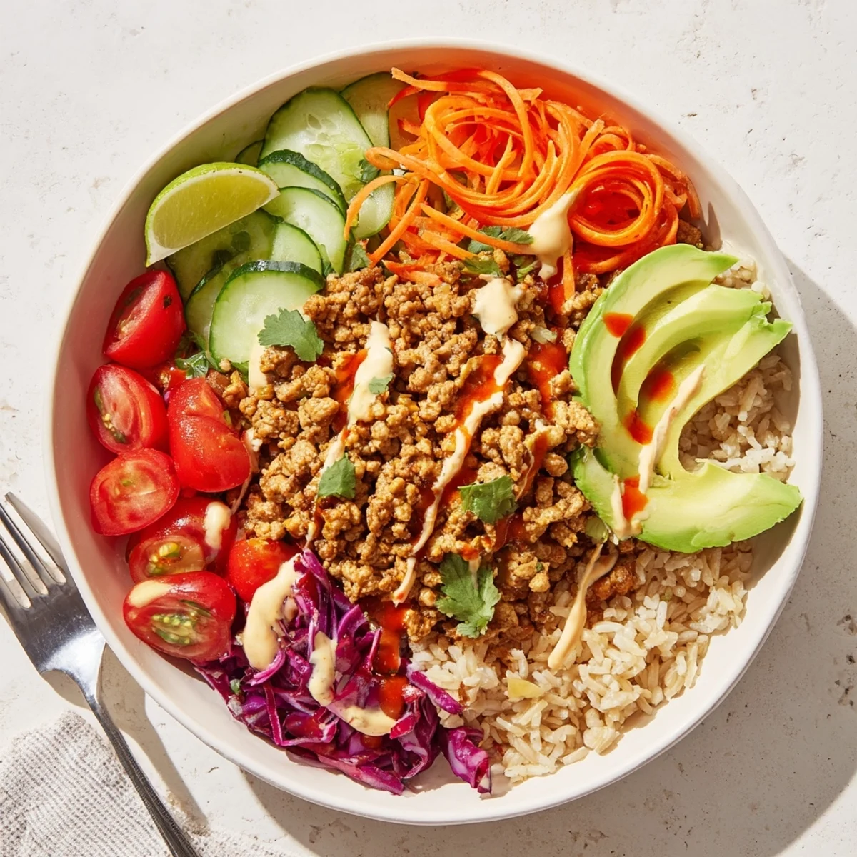 A colorful plant-based meat bowl topped with fresh vegetables and creamy sauce.  