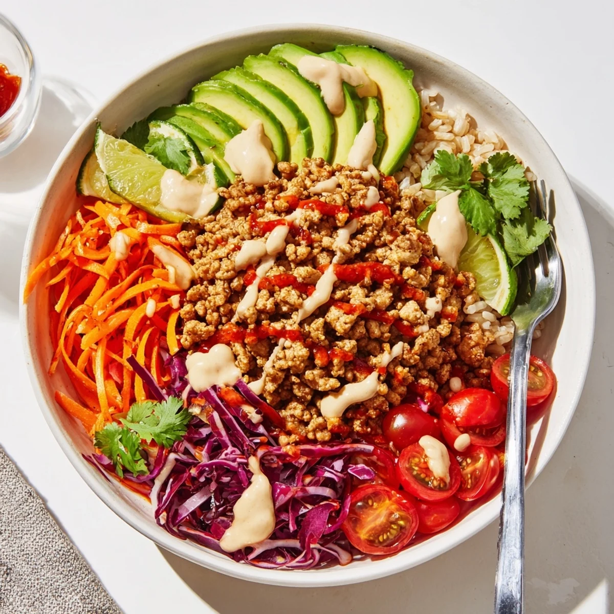 Delicious plant-based meat bowl served with avocado, lime, and vibrant veggies.  