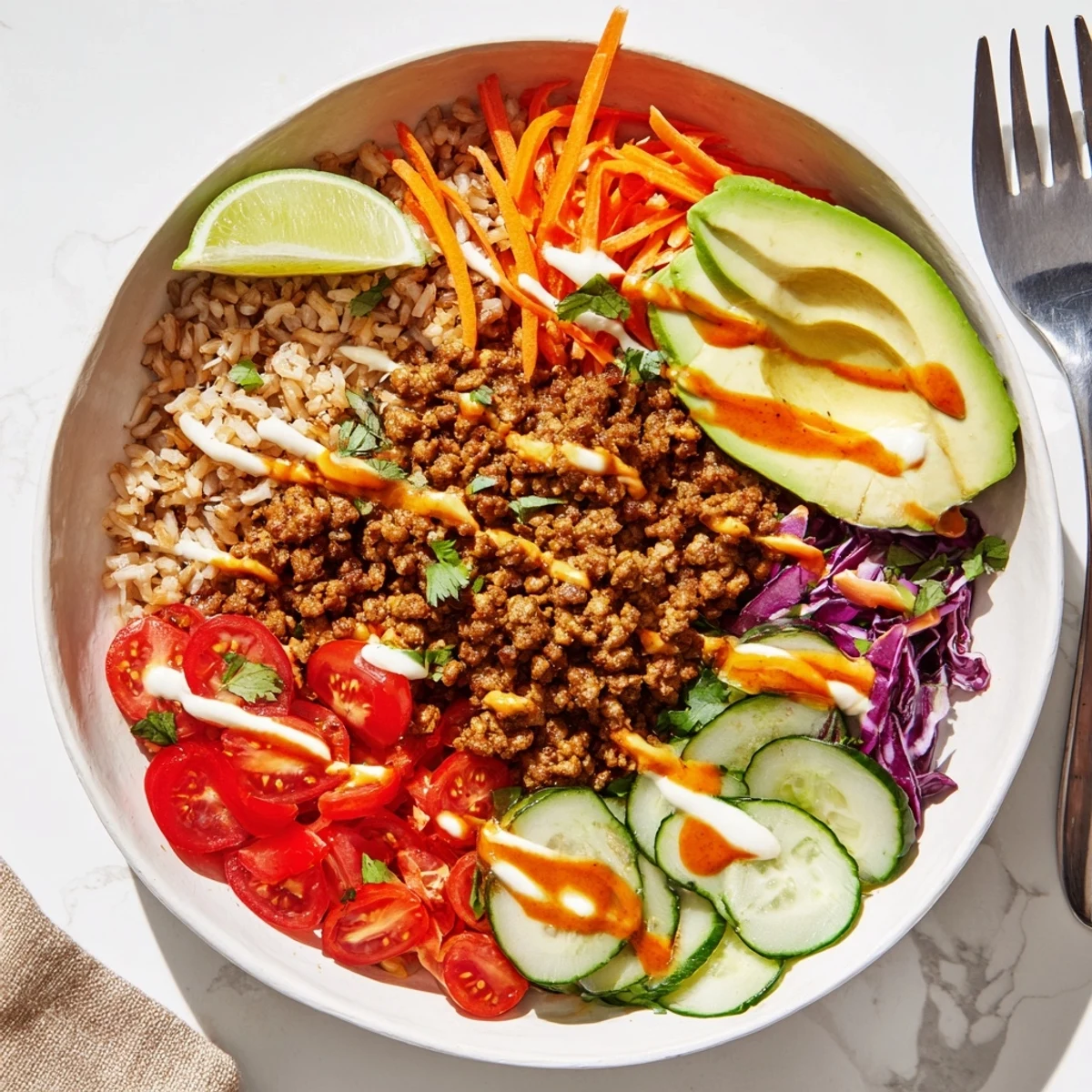 Wholesome plant-based meat bowl bursting with flavors and nutritious toppings to enjoy.