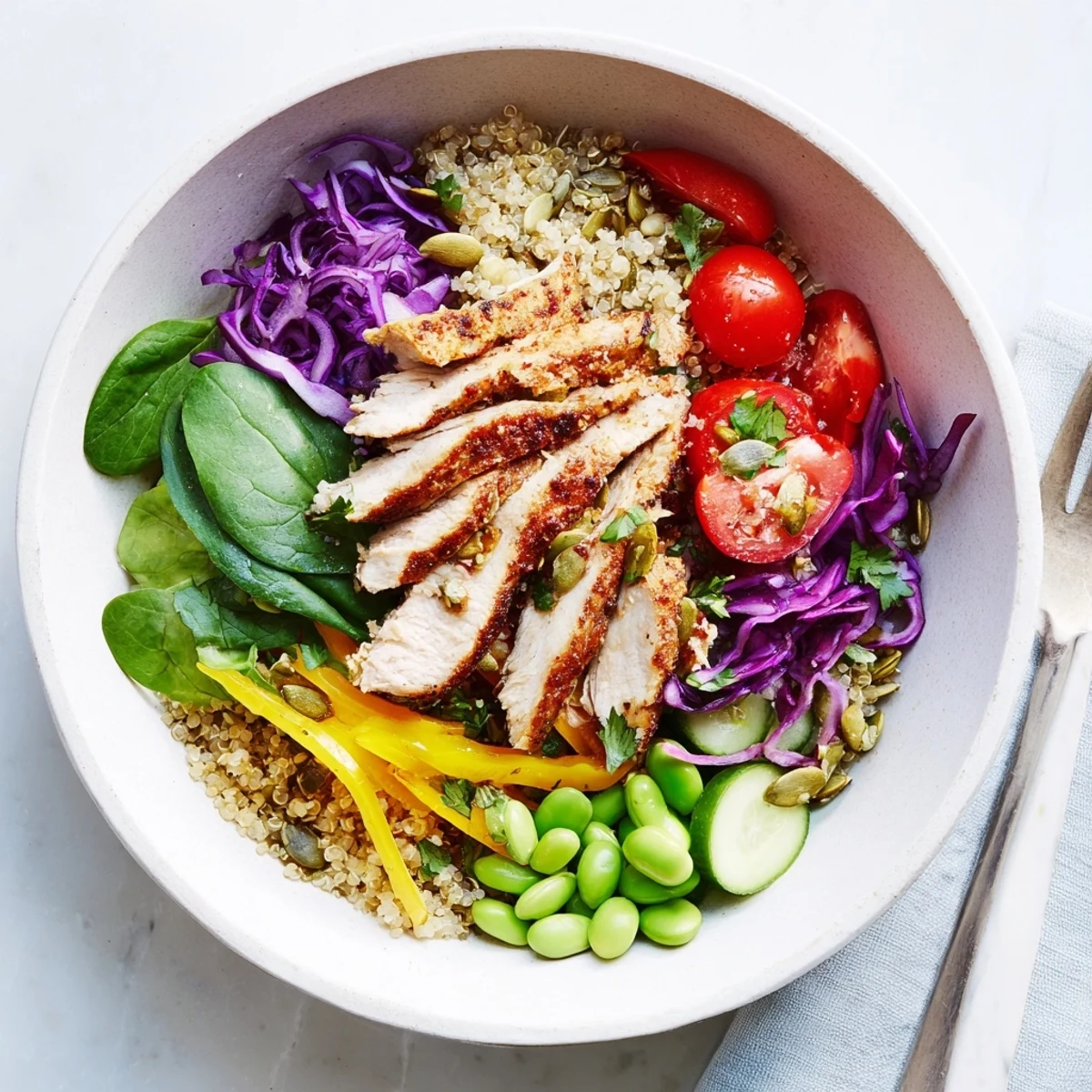 Close-up of Healthy Meal-Prep Bowls showcasing zesty dressing over vibrant, nutrient-rich ingredients.