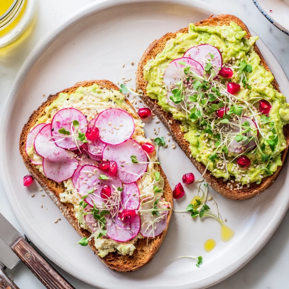 Colorful breakfast toasts with creamy ube spread and fresh avocado for a delightful meal.  