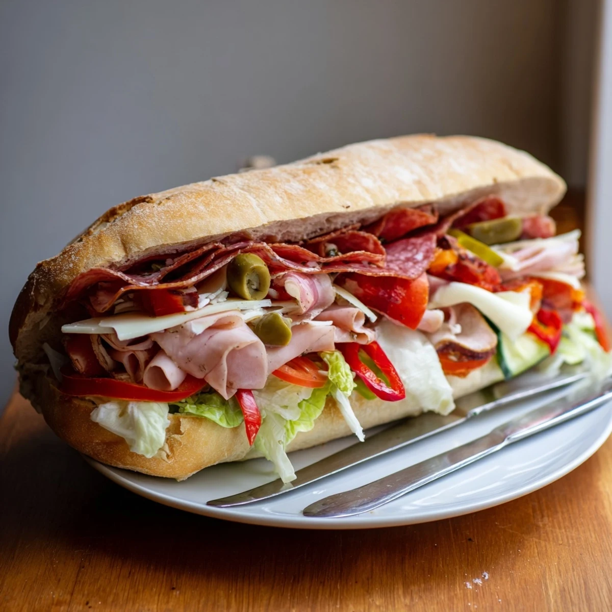 Delectable Flavor Mash-Up Sandwich garnished with fresh veggies and zesty dressing.  